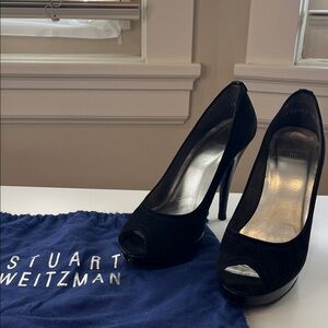 Stuart Weitzman Suede Black Peep-Toe Platform Pumps